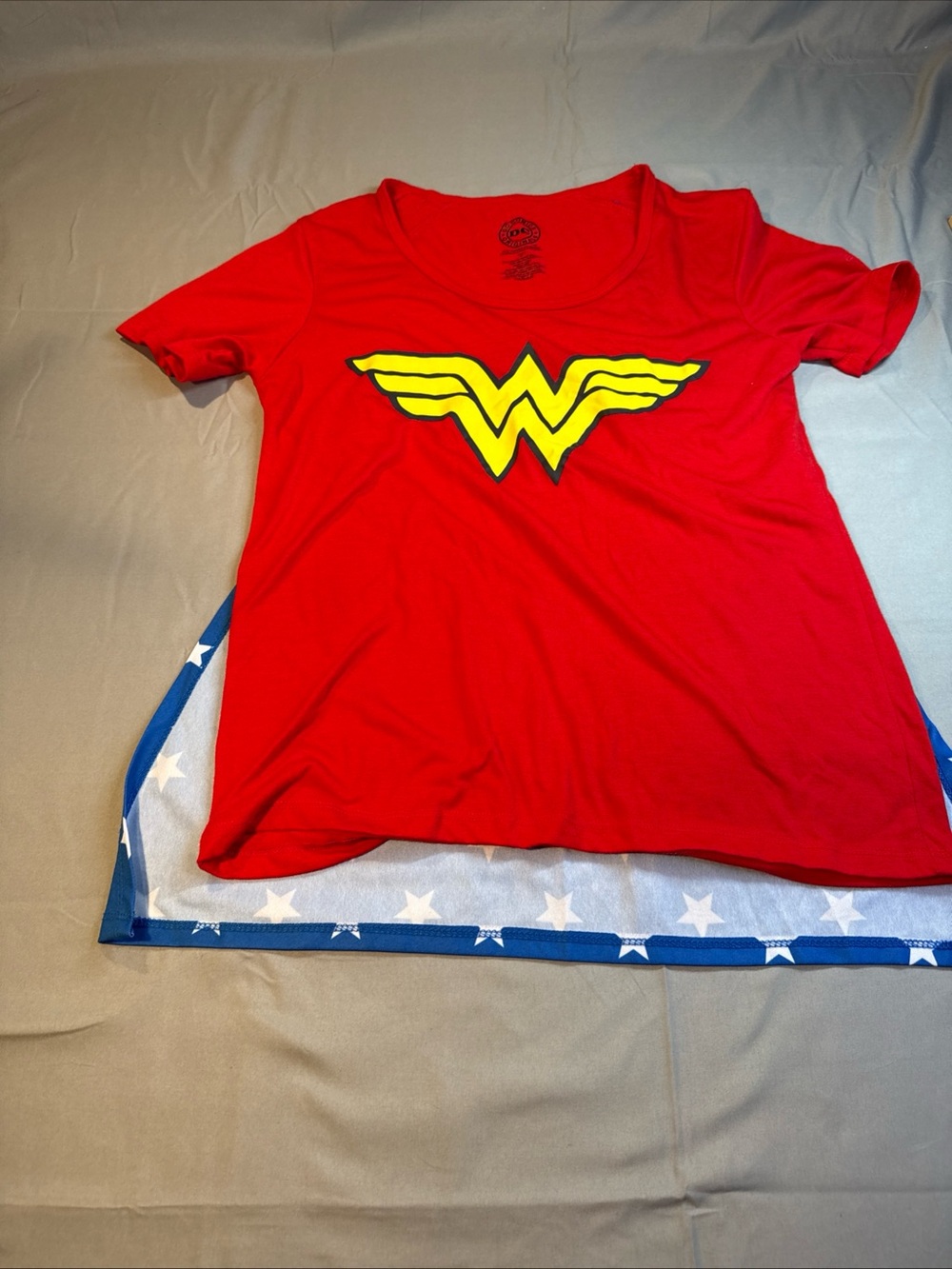 DC Comics Red Wonder Woman Tee with Yellow Emblem and Star Cape